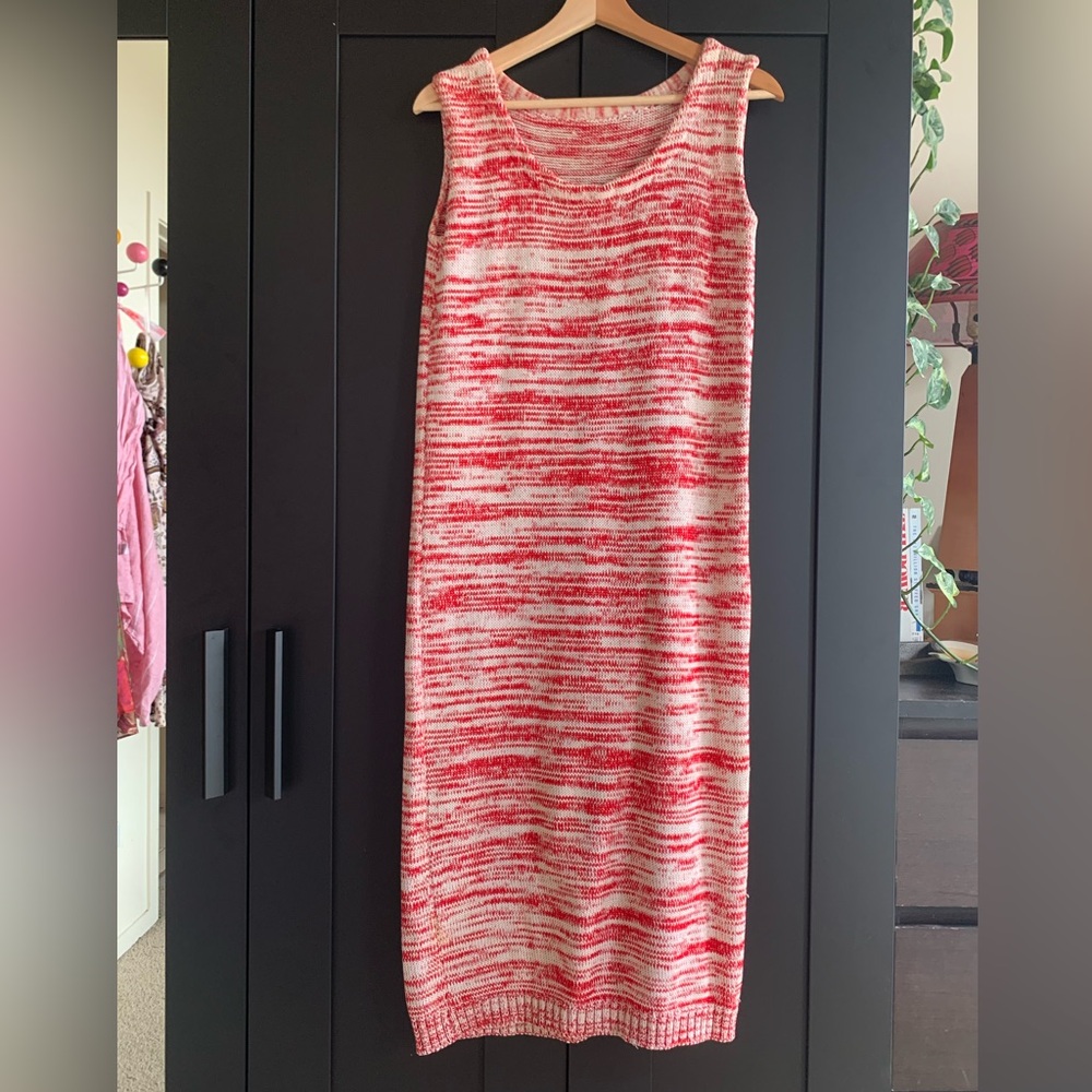 Knit red and white column midi dress